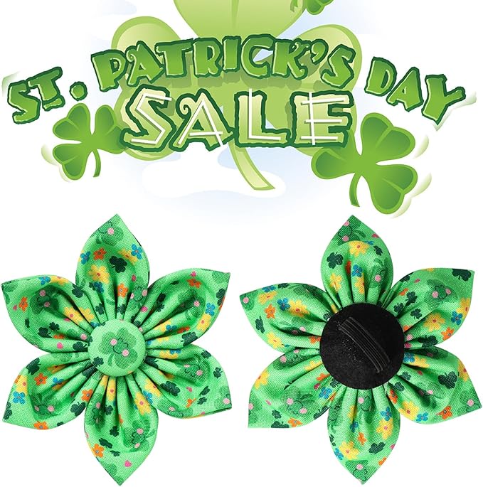 St. Patrick's Dog Collar with Flower, Cotton St. Patrick's Flower Collar for Girl Boy Dog, Lucky Shamrock Dog Collar with Metal Buckle, Green, Spring, M