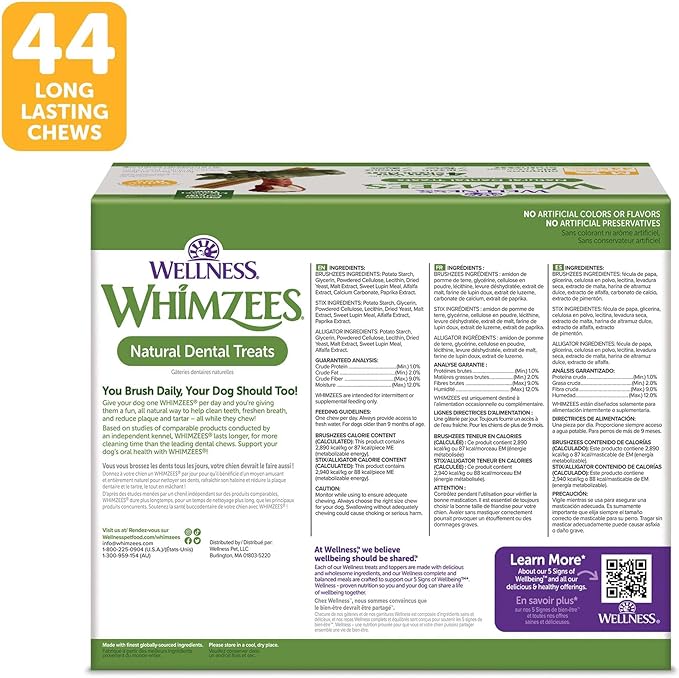Wellness WHIMZEES Value Box Dog Dental Treats, Natural Chews, Medium Size (44 Count)