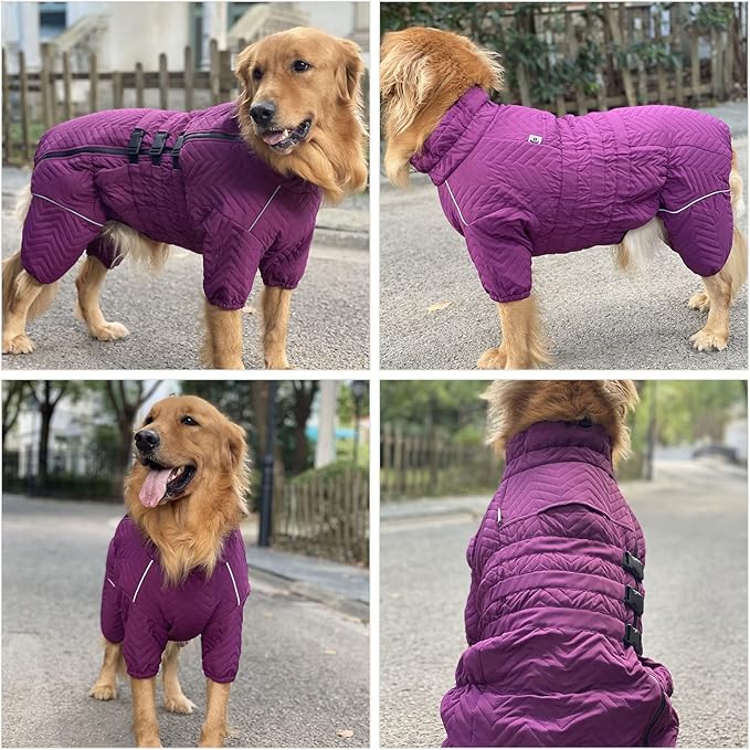 Warm Double Layers Dog Vest - 4 Legs Covered Windproof Waterproof Reflective Coat for Small Medium Large Dogs - Outdoor Skating Costume - Purple XL