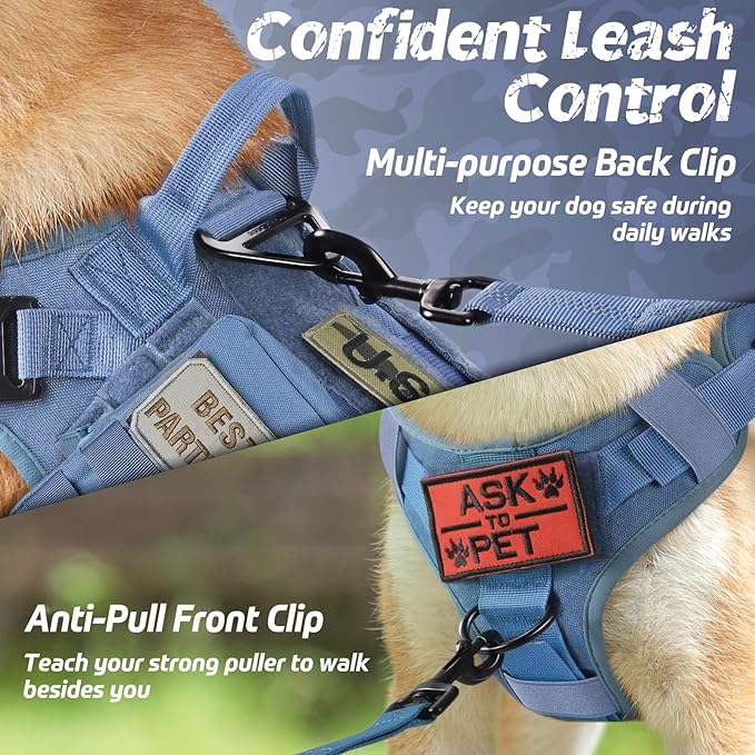 rabbitgoo Tactical Dog Harness for Large, Heavy Duty Pet Harness with Handle, No-Pull Service Vest Large Breed, Adjustable Military Dog Vest for Training Hunting Walking, Blue, XL