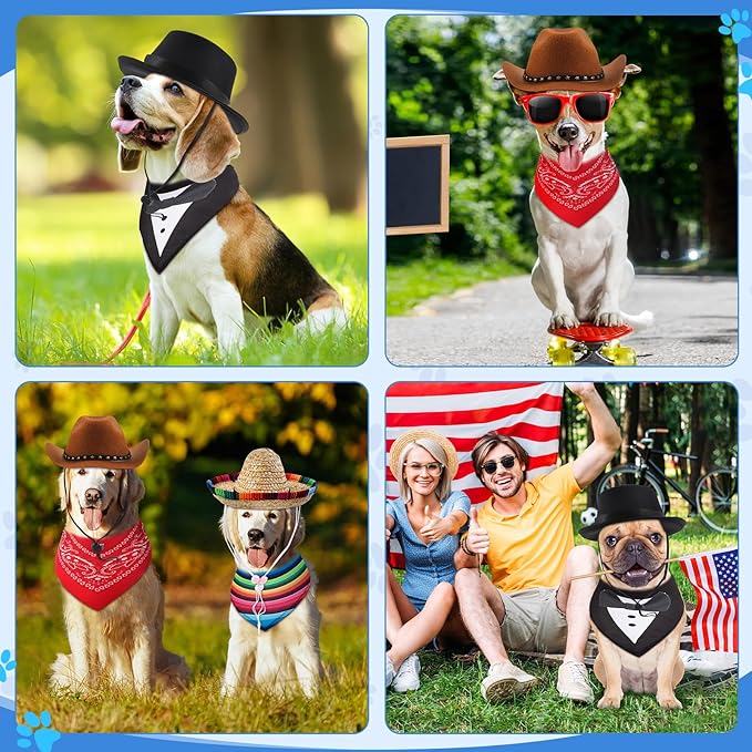 Eccliy 8 Pcs Dog Costume Accessories Formal Dog Tuxedo Bandana Collar Cowboy Pet Pirate Hat Mexican Sombrero Hat for Fiesta Wedding Halloween Outfit Accessories Photo Prop Party Supplies