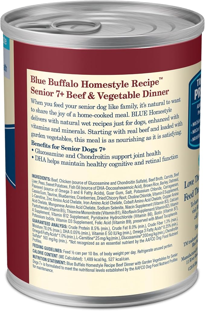 Blue Buffalo Homestyle Recipe Senior Wet Dog Food, Made with Natural Ingredients, Beef Dinner with Garden Vegetables, 12 Pack