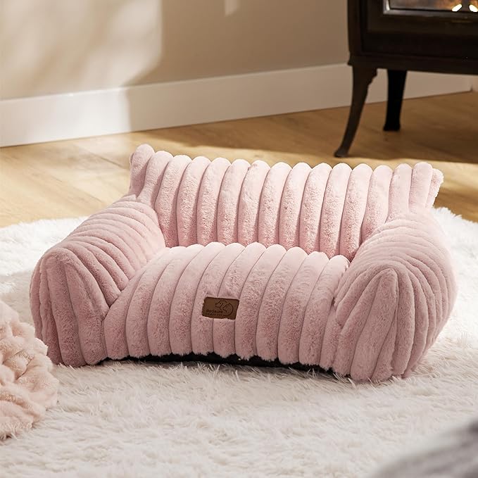 Bedsure Cute Couch for Pets - Fluffy Cat Sofa with Premium Soft Corduroy Fleece, Fuzzy Couch Bed with Removable Washable Cover, Supportive Cat Chair for Indoor Cats, 24inch, Blush Pink