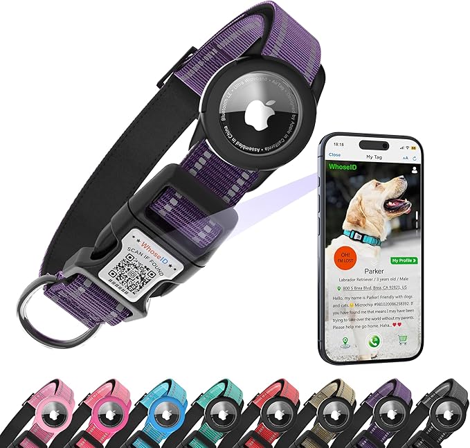 Dog Collar with QR Code, Reflective Dog Collar, Soft Neoprene Padded & Safety Locking Buckle Adjustable Pet Collar (Purple, S-with Airtag Holder)