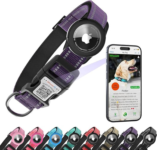 Dog Collar with QR Code, Reflective Dog Collar, Soft Neoprene Padded & Safety Locking Buckle Adjustable Pet Collar (Purple, S-with Airtag Holder)
