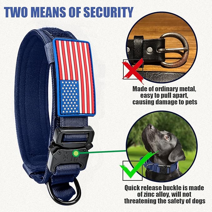 Tactical Military Collar - Adjustable Nylon, Heavy Duty Metal Buckle with Handle for Dog Training, with Patches (Blue, M)