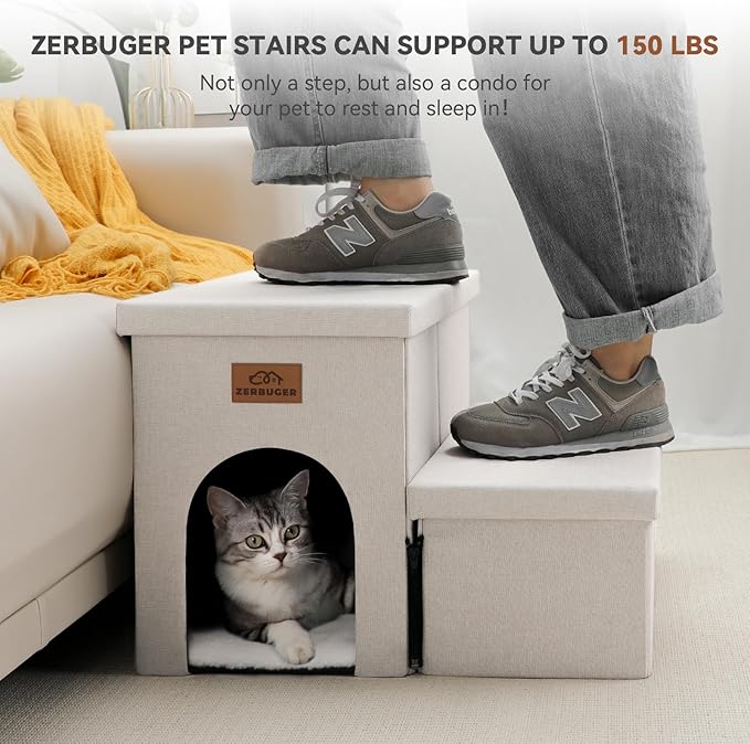 Dog Stairs with Condo 15" H, 2-Step Wider Dog Steps for Small/Medium/Large Old Dogs Cats, Folding Sturdy Storage Pet Stairs Climbing Bed Couch, Ramp for Car Hold Up to 150 lbs, Beige Gray
