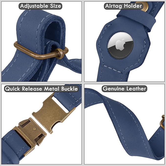 AirTag Dog Collar - Genuine Leather Dog Collar with Apple AirTag Holder and Metal Buckle - Smart GPS Tracking Pet Collars for Small Medium Large Dogs Puppy (Smoky Blue, XS, 9"-12" Neck Fit)