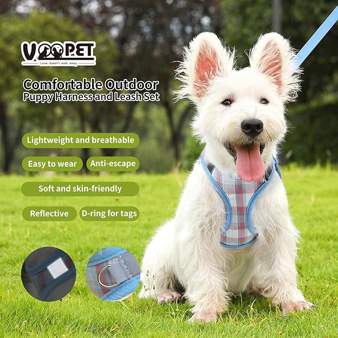 voopet Extra Small Dog Harness and Leash Lightweight Cat Comfort Padded Soft Mesh Vest Step in Dog Harness No Pull No Choke Reflective Small Plaid Girl & Boy Puppy Kitty Walking Harness, Blue XXS