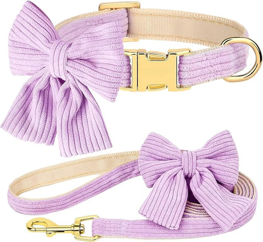 Didog Dog Collar and Leash Set with Bowtie, Girl Dog Collars Metal Buckle Adjustable for Small Medium Dogs(Purple, M)