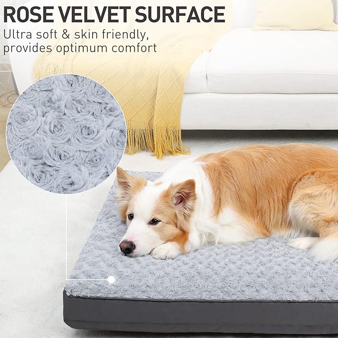 Waterproof Dog Crate Bed for Large Dogs - Rose Velvet Soft Fluffy Washable With Removable Cover & Anti-Slip Bottom, 41 x 27 Inch, Light Gray