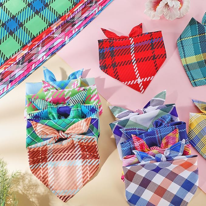 Sweetude 100 Pcs Plaid Dog Bandanas Bulk Pet Triangle Scarf Bibs Washable Puppy Kerchief Adjustable Grooming Supplies for Small Medium Large Dog Cat Costume Accessories