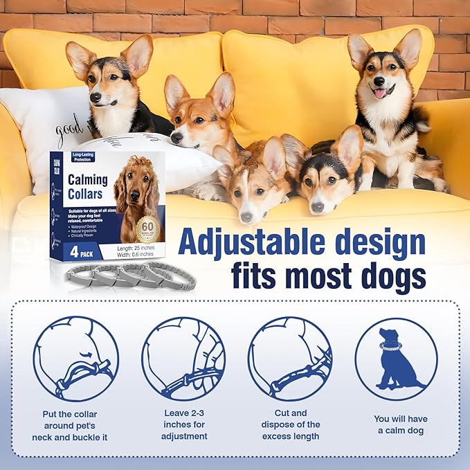 Calming Collar for Dogs 4 Packs Dog Calming Pheromone Pheromones Collars Calm Lasts 60 Days Anxiety Relief Stress Separation Behavior Relieve for Dogs 25 In Adjustable Fit All Small Medium Large Dog