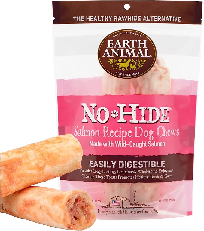 Earth Animal No Hide Medium Salmon Flavored Natural Rawhide Free Dog Chews Long Lasting Chew Sticks | Treats for Large Dogs | Great for Aggressive Chewers (1 Pack)