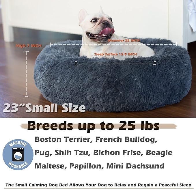 nononfish Puppy Bed for Small Dogs Washable Donut Calming Pet Beds with Anti-Anxiety Fits up to 15 lbs Pets,23 Inches Dark Gray
