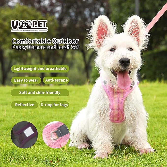 voopet Small Dog Harness and Leash Lightweight Cat Comfort Padded Soft Mesh Vest Step in Dog Harness No Pull No Choke Reflective Small Plaid Girl & Boy Puppy Kitty Walking Harness, Pink L
