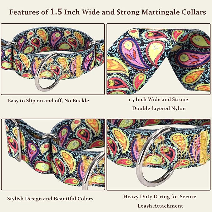 Martingale Dog Collar 1.5 Inch Wide - Heavy Duty Adjustable No-Pull Training Collar for Medium/Large Dogs, Cashew Flower Design Durable Nylon Collar (Medium)