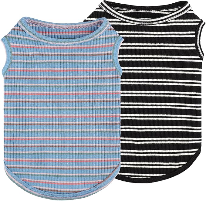 2Pack Dog Shirts for Small Dogs Girl Boy Striped Dog Shirt Vest Soft Stretchy Puppy Clothes Sleeveless Colorful Sweatshirt Small Puppy Outfit for Chihuahua Yorkie, Black+Blue, M