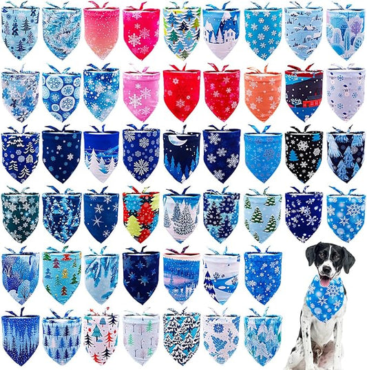 50PCS Big Dog Bandanas Winter Bulk 33Inch for Large XL Breed Dog Snow Forest Ice PineTree Pattern Kerchief Triangle Bibs Head Scarves for Boys and Girls Grooming Accessories Costume