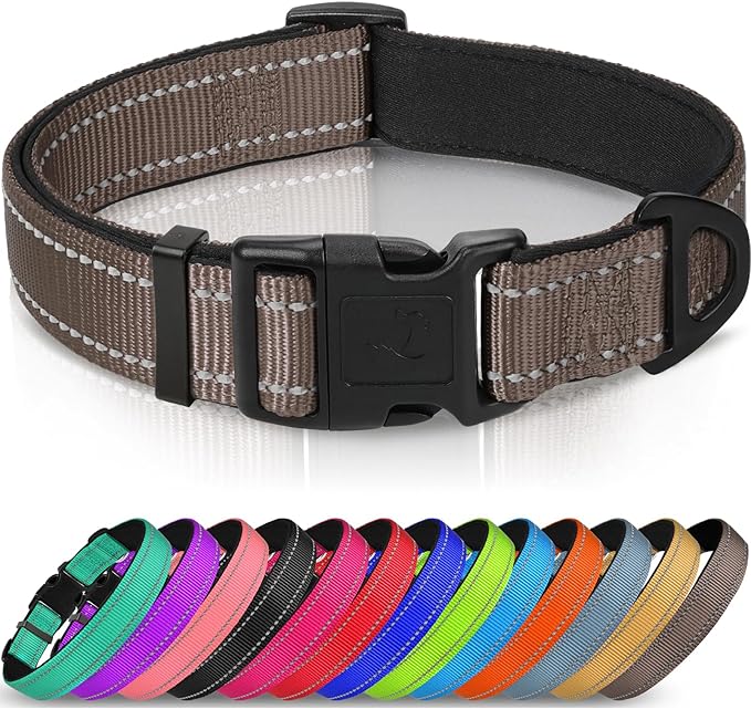 Joytale Reflective Dog Collar,Soft Neoprene Padded Nylon Pet Collar Adjustable for Large Dogs,Brown,Large
