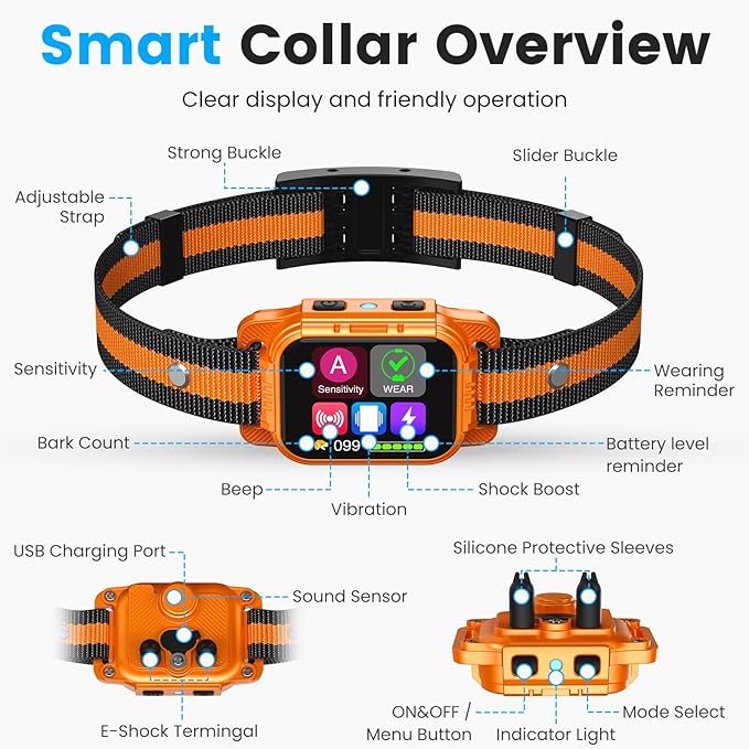 Dog Bark Collar - for Large Medium Small Dogs, Rechargeable Smart Bark Collar, Anti Barking Device for Large Dogs, Dog Training Collars with Beep Vibration and Shock & Adjustable A/B Sensitivity