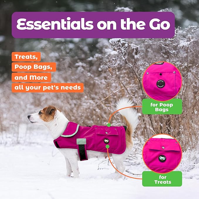 Joyride Harness FrostFlex Dog Winter Jacket - Fleece Lined & Water-Resistant - Snowsuit with Pockets for Treats & Poop Bags - Durable Cold Weather Dog Coat - Pink Berry-XS