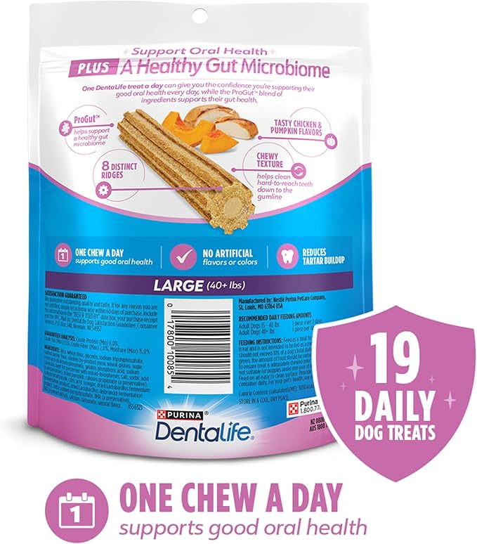 Dentalife Plus Digestive Support Dog Treats for Large Dogs 40 lbs. and up, Cleans Teeth, Freshens Breath, & Supports Healthy Gut, Chicken & Pumpkin Flavor, 22.6 oz., 19 Chews