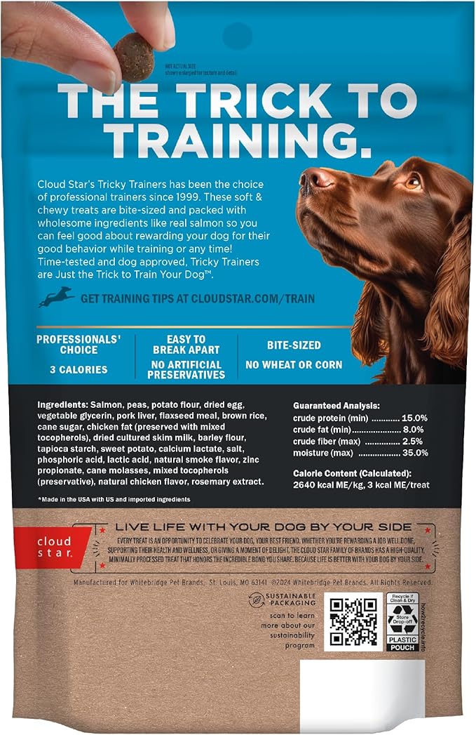 Cloud Star Tricky Trainers Soft & Chewy Dog Training Treats 5 oz. Pouch, Salmon Flavor, Low Calorie Behavior Aid with 130 treats
