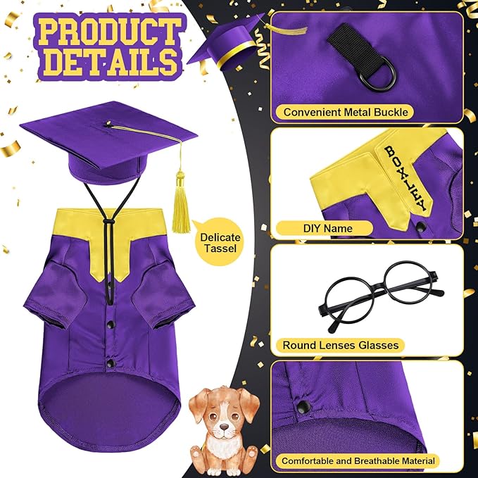 5 Pcs Dog Graduation Costume Set Include 2025 Pet Graduation Gown with Stole Puppy Grad Cap Lensless Glasses DIY Letter Stickers for Dogs Cats Holiday Costume Accessory(Purple Yellow,L)