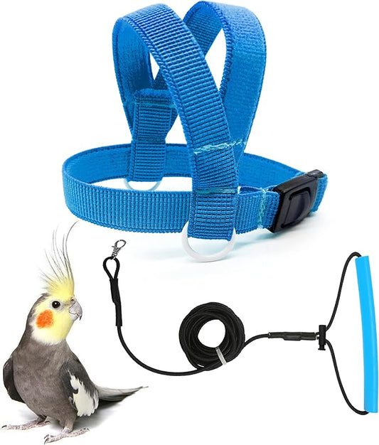 Bird Harness with Buckle Clip and A Leash Rope,Easy to Wear Outdoor Flying Kit for Bird Parrots Cockatiel S Size Weight 85-105 Grams,Blue