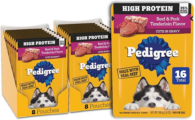 Pedigree High Protein Wet Dog Food Pouches, Beef and Pork Tenderloin Flavor Cuts in Gravy, 3.5 oz. Pouches, 16 Count