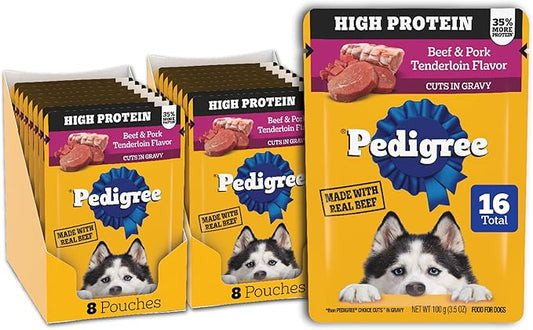 Pedigree High Protein Wet Dog Food Pouches, Beef and Pork Tenderloin Flavor Cuts in Gravy, 3.5 oz. Pouches, 16 Count