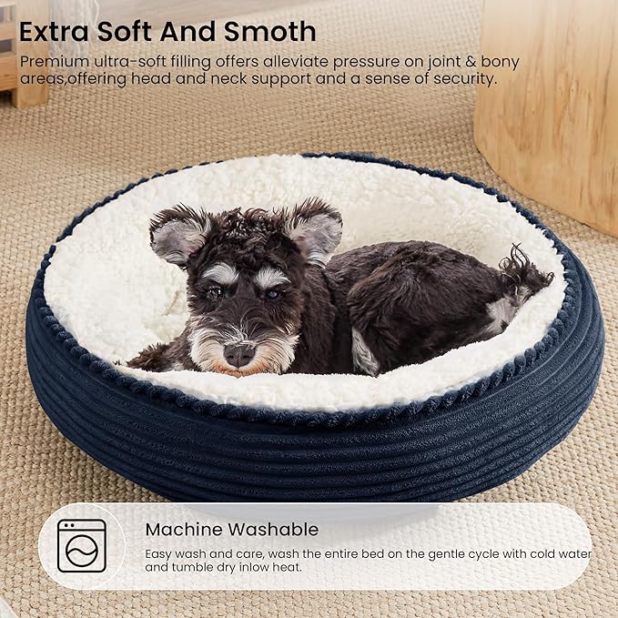 Love's cabin Round Donut Cat and Dog Cushion Bed, 25in Pet Bed for Small or Medium Dogs, Anti-Slip & Water-Resistant Bottom, Soft Durable Fabric Pet Beds, Washable Calming Cat Bed Navy Stripe