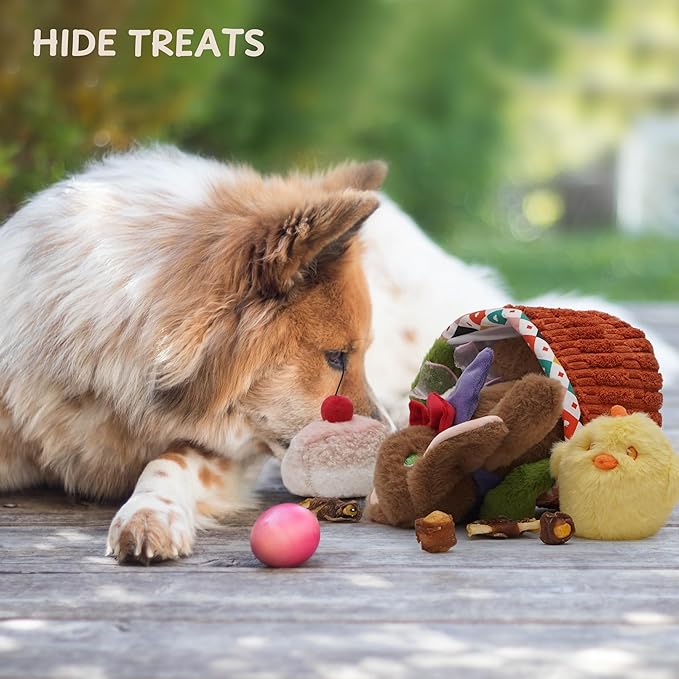 Nocciola 5 Pack Easter Dog Toys with a Basket - Durable Stuffed Plush Dog Squeaky Puppy Toys for Small, Medium and Large Breeds, Easter Gift with Easter Egg & Rabbit & Chick & Cake
