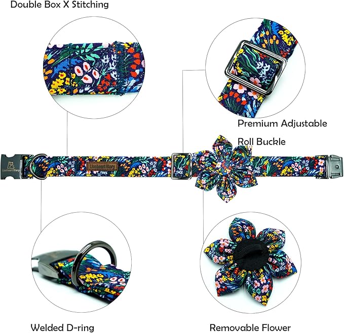 Lionheart glory Dog Collar Darkblue Flower Dog Bow Collars Floral Dog Collar with Flower Male or Female Spring Fall Pet Gift Durable Adjustable Dog Collar for Large Dogs