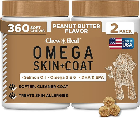 Anti Itch for Dogs -360 Soft Chew Omega Treats for Skin and Coat -Salmon Oil Blend of Essential Fatty Acids, Omega 3, 6, Vitamins, Antioxidants -Made in USA (2 Packs of 180, Peanut Butter Flavor)