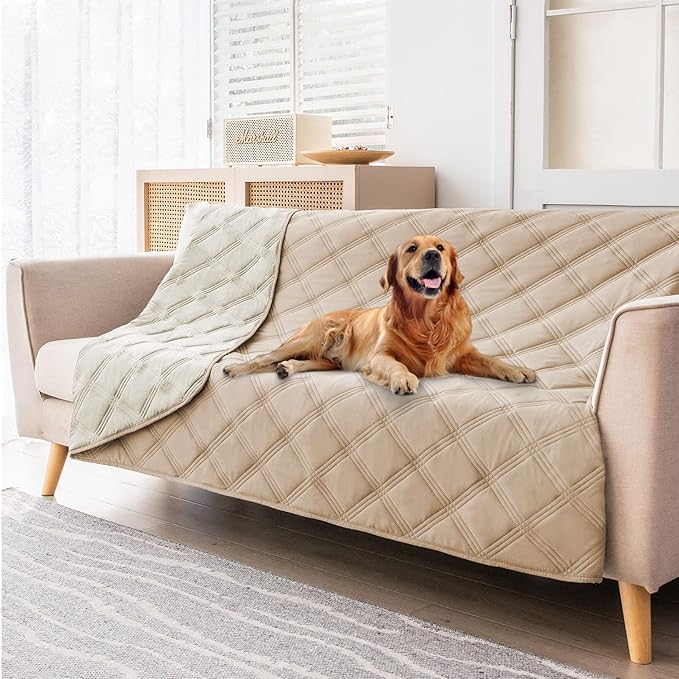 fuguitex Waterproof Dog Blanket, Pet Friendly Reversible Throw Essential for Small Dogs, Tear Resistant Leakproof Washable Couch Cushion Bed Protector Cover for Indoor Furniture(68"*82",Beige+Cream