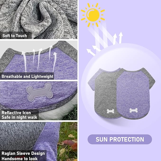 KYEESE 2 Pack Dog Shirts Quick Dry for Medium Dogs Breathable Lightweight Stretchy Dog T-Shirt with Reflective Label Raglan Sleeve Pet Clothes UV Protection, Purple+Grey, 2XL