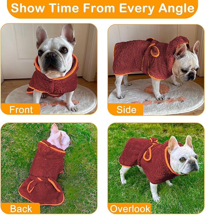 Bienbee Soft Dog Bathrobe,Super Absorbent & Quick-Drying Dog Robe with Hood, Cozy Drying Coat for After Bath, Red L