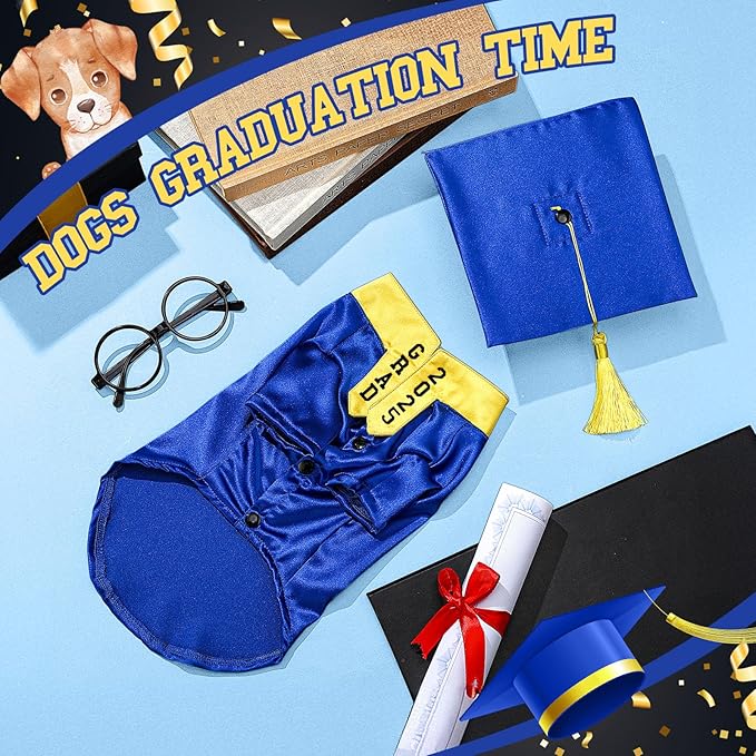 5 Pcs Dog Graduation Costume Set Include 2025 Pet Graduation Gown with Stole Puppy Grad Cap Lensless Glasses DIY Letter Stickers for Dogs Cats Holiday Costume Accessory(Blue Yellow,S)
