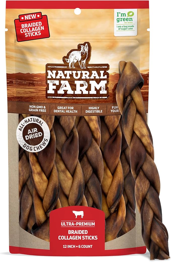 Natural Farm Braided Collagen Chews for Dogs (12 Inch, 6 Pack), Collagen Sticks, Natural Dog Chews, Long Lasting, for Small, Medium and Large Dogs, Odor-Free, Rawhide Alternative