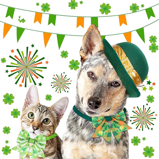 Maitys 40 Pcs St. Patrick's Day Cat & Dog Bow Ties - Adjustable Clover Pattern Neckties for Festival & Party Grooming Accessories