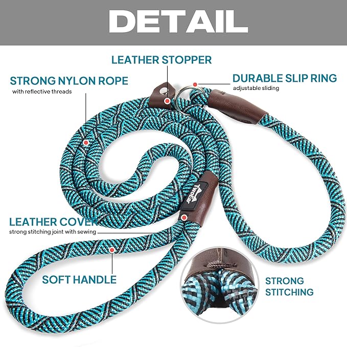 TwoEar Dog Slip Rope Leash - 6FT Heavy Duty Training Leash with Reflective Threads for Small to Large Dogs (Slim 3/8''x6ft, Blue)