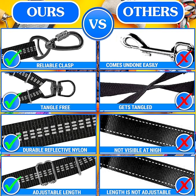 Double Dog Leash – Adjustable Length Long Leash for Dog Training – Dual Reflective Dog Leash with Non-Tangle Design – Heavy Duty Nylon and Metal Buckles – Ideal (Black, Large)