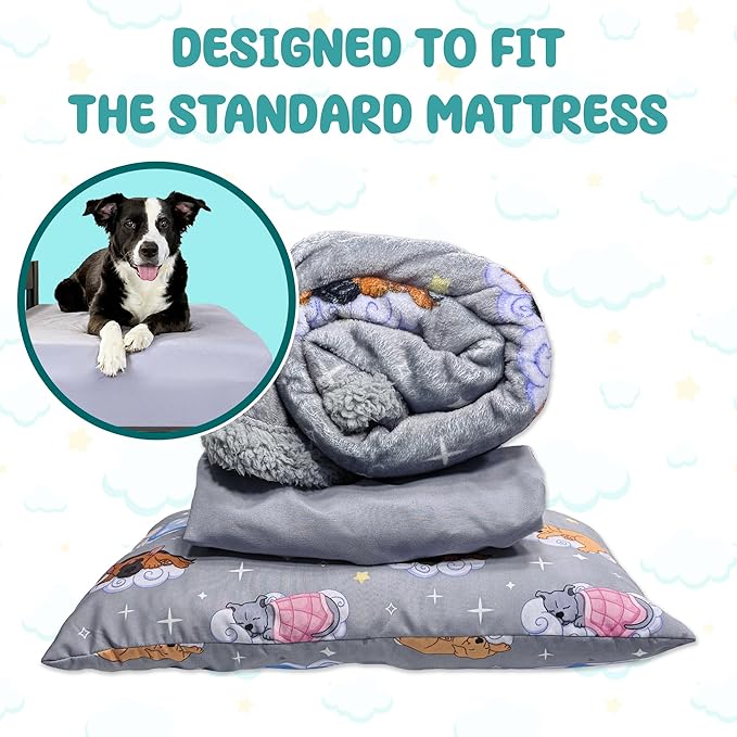 Sweet Dreams Bedding Set - Soft Sherpa & Fleece Reversible Blanket, Plush Pillow, Gray Fitted Sheet for Comfort - Oeko-Tex 100 Certified, Safe & Gentle for Pets (Standard)