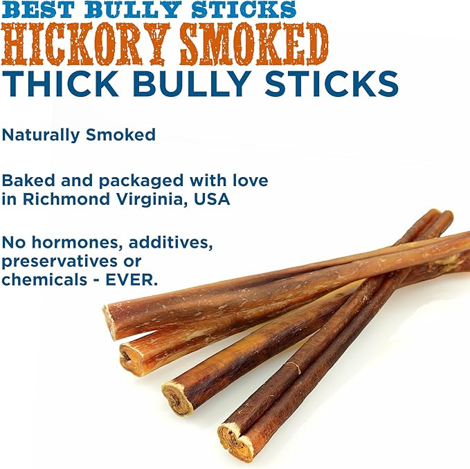 Best Bully Sticks Hickory Smoked Thick 12 Inch Bully Sticks - 5 Count (Pack of 1) - Natural, Grain and Odor-Free, Smoky Aroma, No Additives, Grass-Fed