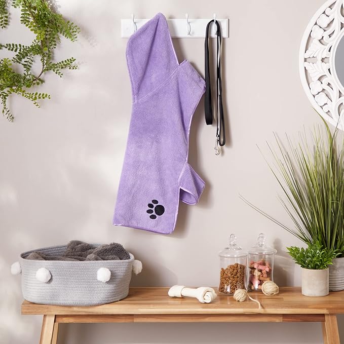 Bone Dry Pet Robe Collection, Embroidered Absorbent Microfiber Bath Robe with Adjustable Closure, for Dogs & Cats, Large, Lavender