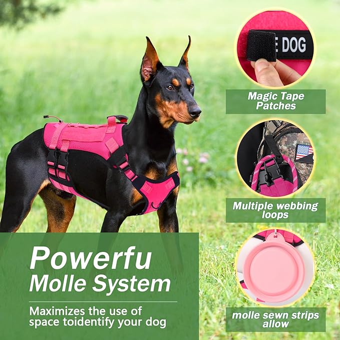 No Pull Tactical Dog Harness for Large Dogs, Escape Proof Molle Dog Vest Harness and Leash Set, Adjustable Military Service Dog Harness with Handle for Medium Large Dogs(Pink, S)