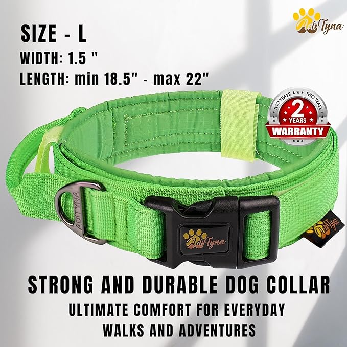 ADITYNA Tactical Dog Collar for Large Dogs - Soft Padded, Heavy Duty, Service, Adjustable Military K9 Green Collar with Handle for Training and Walking