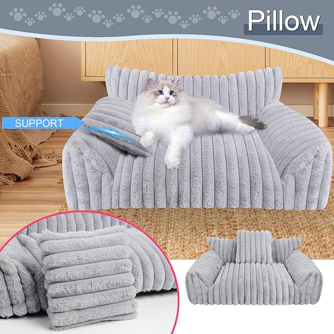 Cute Cat Couch Bed for Indoor Cats, Fluffy Pet Cat Sofa with Premium Soft Corduroy Fleece, Cute Small Dog Beds for Small Dogs, Fuzzy Puppy Chair with Removable Washable Cover (24x18x10,Grey)